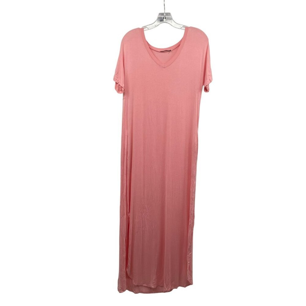 HUSKARY Womens Maxi T-Shirt Dress V-Neck Short Sleeve Pink Size Large